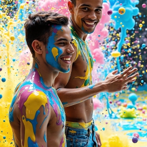 Paint Splat Fun - AI Photos of Hot men having fun with body paint. AI-generated abstract art featuring beautiful, handsome, sexy, shirtless, men, boys, lads, full of excitement joy and fun, covered in body paint, dynamic, interactive, Combining elements of realism with surreal abstract qualities, showcasing the potential of AI, in artistic expression. Photos of guys, just smiling, happy, and having a good time. Most of them are smiling because a paint bomb just blow up next to them, so I'm calling is Abstract Art. When paint attacks and makes people happy, it's Art!