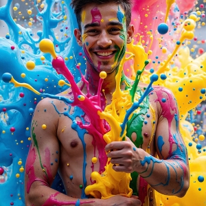 Paint Splat Fun - AI Photos of Hot men having fun with body paint. AI-generated abstract art featuring beautiful, handsome, sexy, shirtless, men, boys, lads, full of excitement joy and fun, covered in body paint, dynamic, interactive, Combining elements of realism with surreal abstract qualities, showcasing the potential of AI, in artistic expression. Photos of guys, just smiling, happy, and having a good time. Most of them are smiling because a paint bomb just blow up next to them, so I'm calling is Abstract Art. When paint attacks and makes people happy, it's Art!