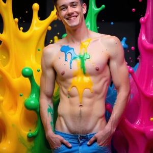 Paint Splat Fun - AI Photos of Hot men having fun with body paint. AI-generated abstract art featuring beautiful, handsome, sexy, shirtless, men, boys, lads, full of excitement joy and fun, covered in body paint, dynamic, interactive, Combining elements of realism with surreal abstract qualities, showcasing the potential of AI, in artistic expression. Photos of guys, just smiling, happy, and having a good time. Most of them are smiling because a paint bomb just blow up next to them, so I'm calling is Abstract Art. When paint attacks and makes people happy, it's Art!