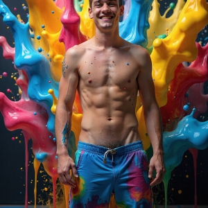 Paint Splat Fun - AI Photos of Hot men having fun with body paint. AI-generated abstract art featuring beautiful, handsome, sexy, shirtless, men, boys, lads, full of excitement joy and fun, covered in body paint, dynamic, interactive, Combining elements of realism with surreal abstract qualities, showcasing the potential of AI, in artistic expression. Photos of guys, just smiling, happy, and having a good time. Most of them are smiling because a paint bomb just blow up next to them, so I'm calling is Abstract Art. When paint attacks and makes people happy, it's Art!