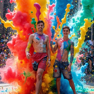 Paint Splat Fun - AI Photos of Hot men having fun with body paint. AI-generated abstract art featuring beautiful, handsome, sexy, shirtless, men, boys, lads, full of excitement joy and fun, covered in body paint, dynamic, interactive, Combining elements of realism with surreal abstract qualities, showcasing the potential of AI, in artistic expression. Photos of guys, just smiling, happy, and having a good time. Most of them are smiling because a paint bomb just blow up next to them, so I'm calling is Abstract Art. When paint attacks and makes people happy, it's Art!