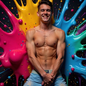 Paint Splat Fun - AI Photos of Hot men having fun with body paint. AI-generated abstract art featuring beautiful, handsome, sexy, shirtless, men, boys, lads, full of excitement joy and fun, covered in body paint, dynamic, interactive, Combining elements of realism with surreal abstract qualities, showcasing the potential of AI, in artistic expression. Photos of guys, just smiling, happy, and having a good time. Most of them are smiling because a paint bomb just blow up next to them, so I'm calling is Abstract Art. When paint attacks and makes people happy, it's Art!