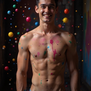 Paint Splat Fun - AI Photos of Hot men having fun with body paint. AI-generated abstract art featuring beautiful, handsome, sexy, shirtless, men, boys, lads, full of excitement joy and fun, covered in body paint, dynamic, interactive, Combining elements of realism with surreal abstract qualities, showcasing the potential of AI, in artistic expression. Photos of guys, just smiling, happy, and having a good time. Most of them are smiling because a paint bomb just blow up next to them, so I'm calling is Abstract Art. When paint attacks and makes people happy, it's Art!