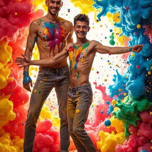 Paint Splat Fun - AI Photos of Hot men having fun with body paint. AI-generated abstract art featuring beautiful, handsome, sexy, shirtless, men, boys, lads, full of excitement joy and fun, covered in body paint, dynamic, interactive, Combining elements of realism with surreal abstract qualities, showcasing the potential of AI, in artistic expression. Photos of guys, just smiling, happy, and having a good time. Most of them are smiling because a paint bomb just blow up next to them, so I'm calling is Abstract Art. When paint attacks and makes people happy, it's Art!