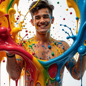 Paint Splat Fun - AI Photos of Hot men having fun with body paint. AI-generated abstract art featuring beautiful, handsome, sexy, shirtless, men, boys, lads, full of excitement joy and fun, covered in body paint, dynamic, interactive, Combining elements of realism with surreal abstract qualities, showcasing the potential of AI, in artistic expression. Photos of guys, just smiling, happy, and having a good time. Most of them are smiling because a paint bomb just blow up next to them, so I'm calling is Abstract Art. When paint attacks and makes people happy, it's Art!