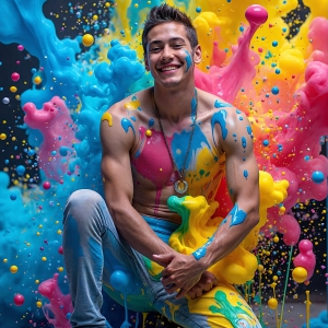 Paint Splat Fun - AI Photos of Hot men having fun with body paint. AI-generated abstract art featuring beautiful, handsome, sexy, shirtless, men, boys, lads, full of excitement joy and fun, covered in body paint, dynamic, interactive, Combining elements of realism with surreal abstract qualities, showcasing the potential of AI, in artistic expression. Photos of guys, just smiling, happy, and having a good time. Most of them are smiling because a paint bomb just blow up next to them, so I'm calling is Abstract Art. When paint attacks and makes people happy, it's Art!