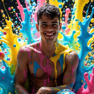 Paint Splat Fun - AI Photos of Hot men having fun with body paint. AI-generated abstract art featuring beautiful, handsome, sexy, shirtless, men, boys, lads, full of excitement joy and fun, covered in body paint, dynamic, interactive, Combining elements of realism with surreal abstract qualities, showcasing the potential of AI, in artistic expression. Photos of guys, just smiling, happy, and having a good time. Most of them are smiling because a paint bomb just blow up next to them, so I'm calling is Abstract Art. When paint attacks and makes people happy, it's Art!