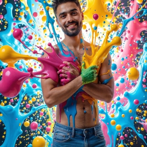 Paint Splat Fun - AI Photos of Hot men having fun with body paint. AI-generated abstract art featuring beautiful, handsome, sexy, shirtless, men, boys, lads, full of excitement joy and fun, covered in body paint, dynamic, interactive, Combining elements of realism with surreal abstract qualities, showcasing the potential of AI, in artistic expression. Photos of guys, just smiling, happy, and having a good time. Most of them are smiling because a paint bomb just blow up next to them, so I'm calling is Abstract Art. When paint attacks and makes people happy, it's Art!