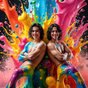 Paint Splat Fun - AI Photos of Hot men having fun with body paint. AI-generated abstract art featuring beautiful, handsome, sexy, shirtless, men, boys, lads, full of excitement joy and fun, covered in body paint, dynamic, interactive, Combining elements of realism with surreal abstract qualities, showcasing the potential of AI, in artistic expression. Photos of guys, just smiling, happy, and having a good time. Most of them are smiling because a paint bomb just blow up next to them, so I'm calling is Abstract Art. When paint attacks and makes people happy, it's Art!