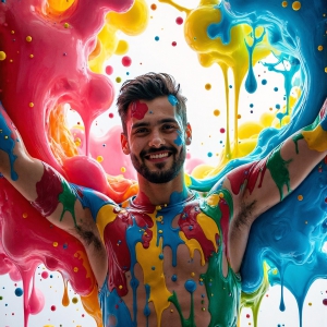 Paint Splat Fun - AI Photos of Hot men having fun with body paint. AI-generated abstract art featuring beautiful, handsome, sexy, shirtless, men, boys, lads, full of excitement joy and fun, covered in body paint, dynamic, interactive, Combining elements of realism with surreal abstract qualities, showcasing the potential of AI, in artistic expression. Photos of guys, just smiling, happy, and having a good time. Most of them are smiling because a paint bomb just blow up next to them, so I'm calling is Abstract Art. When paint attacks and makes people happy, it's Art!
