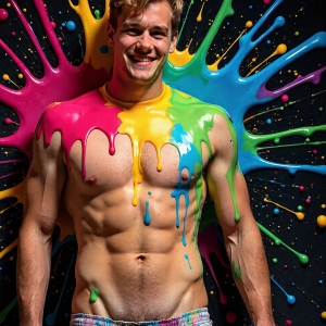 Paint Splat Fun - AI Photos of Hot men having fun with body paint. AI-generated abstract art featuring beautiful, handsome, sexy, shirtless, men, boys, lads, full of excitement joy and fun, covered in body paint, dynamic, interactive, Combining elements of realism with surreal abstract qualities, showcasing the potential of AI, in artistic expression. Photos of guys, just smiling, happy, and having a good time. Most of them are smiling because a paint bomb just blow up next to them, so I'm calling is Abstract Art. When paint attacks and makes people happy, it's Art!