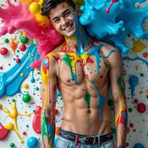 Paint Splat Fun - AI Photos of Hot men having fun with body paint. AI-generated abstract art featuring beautiful, handsome, sexy, shirtless, men, boys, lads, full of excitement joy and fun, covered in body paint, dynamic, interactive, Combining elements of realism with surreal abstract qualities, showcasing the potential of AI, in artistic expression. Photos of guys, just smiling, happy, and having a good time. Most of them are smiling because a paint bomb just blow up next to them, so I'm calling is Abstract Art. When paint attacks and makes people happy, it's Art!