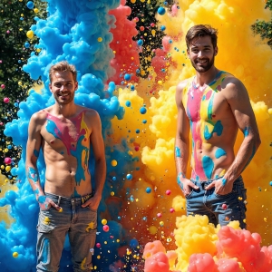 Paint Splat Fun - AI Photos of Hot men having fun with body paint. AI-generated abstract art featuring beautiful, handsome, sexy, shirtless, men, boys, lads, full of excitement joy and fun, covered in body paint, dynamic, interactive, Combining elements of realism with surreal abstract qualities, showcasing the potential of AI, in artistic expression. Photos of guys, just smiling, happy, and having a good time. Most of them are smiling because a paint bomb just blow up next to them, so I'm calling is Abstract Art. When paint attacks and makes people happy, it's Art!