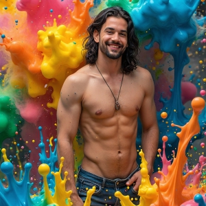 Paint Splat Fun - AI Photos of Hot men having fun with body paint. AI-generated abstract art featuring beautiful, handsome, sexy, shirtless, men, boys, lads, full of excitement joy and fun, covered in body paint, dynamic, interactive, Combining elements of realism with surreal abstract qualities, showcasing the potential of AI, in artistic expression. Photos of guys, just smiling, happy, and having a good time. Most of them are smiling because a paint bomb just blow up next to them, so I'm calling is Abstract Art. When paint attacks and makes people happy, it's Art!