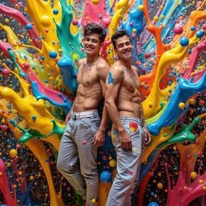 Paint Splat Fun - AI Photos of Hot men having fun with body paint. AI-generated abstract art featuring beautiful, handsome, sexy, shirtless, men, boys, lads, full of excitement joy and fun, covered in body paint, dynamic, interactive, Combining elements of realism with surreal abstract qualities, showcasing the potential of AI, in artistic expression. Photos of guys, just smiling, happy, and having a good time. Most of them are smiling because a paint bomb just blow up next to them, so I'm calling is Abstract Art. When paint attacks and makes people happy, it's Art!