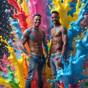 Paint Splat Fun - AI Photos of Hot men having fun with body paint. AI-generated abstract art featuring beautiful, handsome, sexy, shirtless, men, boys, lads, full of excitement joy and fun, covered in body paint, dynamic, interactive, Combining elements of realism with surreal abstract qualities, showcasing the potential of AI, in artistic expression. Photos of guys, just smiling, happy, and having a good time. Most of them are smiling because a paint bomb just blow up next to them, so I'm calling is Abstract Art. When paint attacks and makes people happy, it's Art!