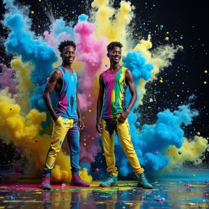Paint Splat Fun - AI Photos of Hot men having fun with body paint. AI-generated abstract art featuring beautiful, handsome, sexy, shirtless, men, boys, lads, full of excitement joy and fun, covered in body paint, dynamic, interactive, Combining elements of realism with surreal abstract qualities, showcasing the potential of AI, in artistic expression. Photos of guys, just smiling, happy, and having a good time. Most of them are smiling because a paint bomb just blow up next to them, so I'm calling is Abstract Art. When paint attacks and makes people happy, it's Art!