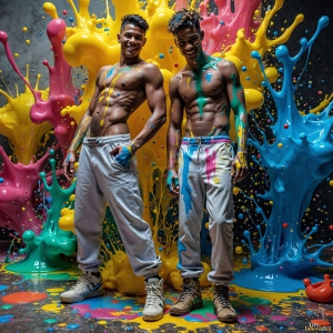 Paint Splat Fun - AI Photos of Hot men having fun with body paint. AI-generated abstract art featuring beautiful, handsome, sexy, shirtless, men, boys, lads, full of excitement joy and fun, covered in body paint, dynamic, interactive, Combining elements of realism with surreal abstract qualities, showcasing the potential of AI, in artistic expression. Photos of guys, just smiling, happy, and having a good time. Most of them are smiling because a paint bomb just blow up next to them, so I'm calling is Abstract Art. When paint attacks and makes people happy, it's Art!