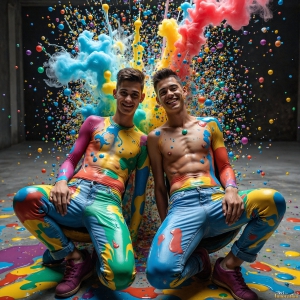 Paint Splat Fun - AI Photos of Hot men having fun with body paint. AI-generated abstract art featuring beautiful, handsome, sexy, shirtless, men, boys, lads, full of excitement joy and fun, covered in body paint, dynamic, interactive, Combining elements of realism with surreal abstract qualities, showcasing the potential of AI, in artistic expression. Photos of guys, just smiling, happy, and having a good time. Most of them are smiling because a paint bomb just blow up next to them, so I'm calling is Abstract Art. When paint attacks and makes people happy, it's Art!
