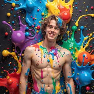 Paint Splat Fun - AI Photos of Hot men having fun with body paint. AI-generated abstract art featuring beautiful, handsome, sexy, shirtless, men, boys, lads, full of excitement joy and fun, covered in body paint, dynamic, interactive, Combining elements of realism with surreal abstract qualities, showcasing the potential of AI, in artistic expression. Photos of guys, just smiling, happy, and having a good time. Most of them are smiling because a paint bomb just blow up next to them, so I'm calling is Abstract Art. When paint attacks and makes people happy, it's Art!