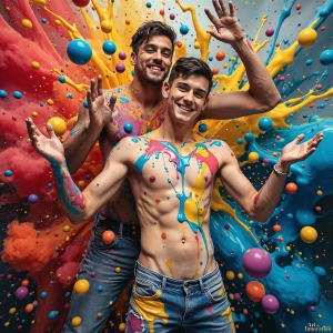 Paint Splat Fun - AI Photos of Hot men having fun with body paint. AI-generated abstract art featuring beautiful, handsome, sexy, shirtless, men, boys, lads, full of excitement joy and fun, covered in body paint, dynamic, interactive, Combining elements of realism with surreal abstract qualities, showcasing the potential of AI, in artistic expression. Photos of guys, just smiling, happy, and having a good time. Most of them are smiling because a paint bomb just blow up next to them, so I'm calling is Abstract Art. When paint attacks and makes people happy, it's Art!