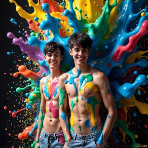 Paint Splat Fun - AI Photos of Hot men having fun with body paint. AI-generated abstract art featuring beautiful, handsome, sexy, shirtless, men, boys, lads, full of excitement joy and fun, covered in body paint, dynamic, interactive, Combining elements of realism with surreal abstract qualities, showcasing the potential of AI, in artistic expression. Photos of guys, just smiling, happy, and having a good time. Most of them are smiling because a paint bomb just blow up next to them, so I'm calling is Abstract Art. When paint attacks and makes people happy, it's Art!
