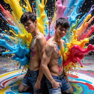 Paint Splat Fun - AI Photos of Hot men having fun with body paint. AI-generated abstract art featuring beautiful, handsome, sexy, shirtless, men, boys, lads, full of excitement joy and fun, covered in body paint, dynamic, interactive, Combining elements of realism with surreal abstract qualities, showcasing the potential of AI, in artistic expression. Photos of guys, just smiling, happy, and having a good time. Most of them are smiling because a paint bomb just blow up next to them, so I'm calling is Abstract Art. When paint attacks and makes people happy, it's Art!