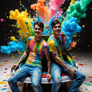 Paint Splat Fun - AI Photos of Hot men having fun with body paint. AI-generated abstract art featuring beautiful, handsome, sexy, shirtless, men, boys, lads, full of excitement joy and fun, covered in body paint, dynamic, interactive, Combining elements of realism with surreal abstract qualities, showcasing the potential of AI, in artistic expression. Photos of guys, just smiling, happy, and having a good time. Most of them are smiling because a paint bomb just blow up next to them, so I'm calling is Abstract Art. When paint attacks and makes people happy, it's Art!