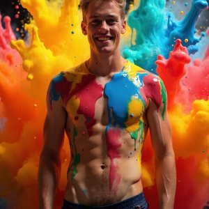 Paint Splat Fun - AI Photos of Hot men having fun with body paint. AI-generated abstract art featuring beautiful, handsome, sexy, shirtless, men, boys, lads, full of excitement joy and fun, covered in body paint, dynamic, interactive, Combining elements of realism with surreal abstract qualities, showcasing the potential of AI, in artistic expression. Photos of guys, just smiling, happy, and having a good time. Most of them are smiling because a paint bomb just blow up next to them, so I'm calling is Abstract Art. When paint attacks and makes people happy, it's Art!