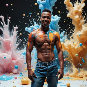 Paint Splat Fun - AI Photos of Hot men having fun with body paint. AI-generated abstract art featuring beautiful, handsome, sexy, shirtless, men, boys, lads, full of excitement joy and fun, covered in body paint, dynamic, interactive, Combining elements of realism with surreal abstract qualities, showcasing the potential of AI, in artistic expression. Photos of guys, just smiling, happy, and having a good time. Most of them are smiling because a paint bomb just blow up next to them, so I'm calling is Abstract Art. When paint attacks and makes people happy, it's Art!