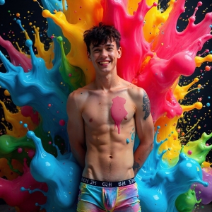 Paint Splat Fun - AI Photos of Hot men having fun with body paint. AI-generated abstract art featuring beautiful, handsome, sexy, shirtless, men, boys, lads, full of excitement joy and fun, covered in body paint, dynamic, interactive, Combining elements of realism with surreal abstract qualities, showcasing the potential of AI, in artistic expression. Photos of guys, just smiling, happy, and having a good time. Most of them are smiling because a paint bomb just blow up next to them, so I'm calling is Abstract Art. When paint attacks and makes people happy, it's Art!