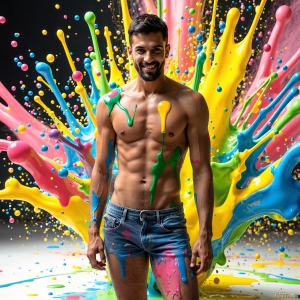 Paint Splat Fun - AI Photos of Hot men having fun with body paint. AI-generated abstract art featuring beautiful, handsome, sexy, shirtless, men, boys, lads, full of excitement joy and fun, covered in body paint, dynamic, interactive, Combining elements of realism with surreal abstract qualities, showcasing the potential of AI, in artistic expression. Photos of guys, just smiling, happy, and having a good time. Most of them are smiling because a paint bomb just blow up next to them, so I'm calling is Abstract Art. When paint attacks and makes people happy, it's Art!