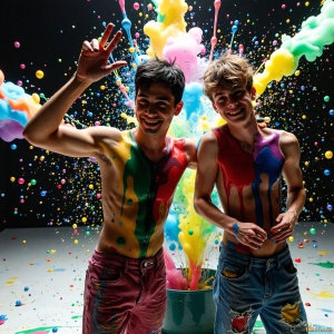 Paint Splat Fun - AI Photos of Hot men having fun with body paint. AI-generated abstract art featuring beautiful, handsome, sexy, shirtless, men, boys, lads, full of excitement joy and fun, covered in body paint, dynamic, interactive, Combining elements of realism with surreal abstract qualities, showcasing the potential of AI, in artistic expression. Photos of guys, just smiling, happy, and having a good time. Most of them are smiling because a paint bomb just blow up next to them, so I'm calling is Abstract Art. When paint attacks and makes people happy, it's Art!