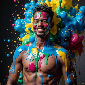 Paint Splat Fun - AI Photos of Hot men having fun with body paint. AI-generated abstract art featuring beautiful, handsome, sexy, shirtless, men, boys, lads, full of excitement joy and fun, covered in body paint, dynamic, interactive, Combining elements of realism with surreal abstract qualities, showcasing the potential of AI, in artistic expression. Photos of guys, just smiling, happy, and having a good time. Most of them are smiling because a paint bomb just blow up next to them, so I'm calling is Abstract Art. When paint attacks and makes people happy, it's Art!