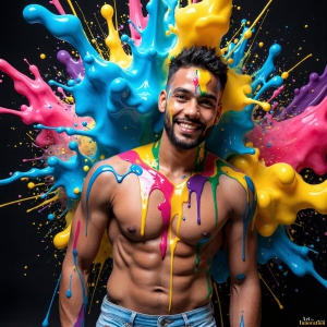 Paint Splat Fun - AI Photos of Hot men having fun with body paint. AI-generated abstract art featuring beautiful, handsome, sexy, shirtless, men, boys, lads, full of excitement joy and fun, covered in body paint, dynamic, interactive, Combining elements of realism with surreal abstract qualities, showcasing the potential of AI, in artistic expression. Photos of guys, just smiling, happy, and having a good time. Most of them are smiling because a paint bomb just blow up next to them, so I'm calling is Abstract Art. When paint attacks and makes people happy, it's Art!