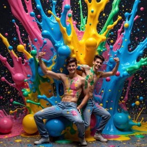 Paint Splat Fun - AI Photos of Hot men having fun with body paint. AI-generated abstract art featuring beautiful, handsome, sexy, shirtless, men, boys, lads, full of excitement joy and fun, covered in body paint, dynamic, interactive, Combining elements of realism with surreal abstract qualities, showcasing the potential of AI, in artistic expression. Photos of guys, just smiling, happy, and having a good time. Most of them are smiling because a paint bomb just blow up next to them, so I'm calling is Abstract Art. When paint attacks and makes people happy, it's Art!