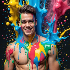 Paint Splat Fun - AI Photos of Hot men having fun with body paint. AI-generated abstract art featuring beautiful, handsome, sexy, shirtless, men, boys, lads, full of excitement joy and fun, covered in body paint, dynamic, interactive, Combining elements of realism with surreal abstract qualities, showcasing the potential of AI, in artistic expression. Photos of guys, just smiling, happy, and having a good time. Most of them are smiling because a paint bomb just blow up next to them, so I'm calling is Abstract Art. When paint attacks and makes people happy, it's Art!