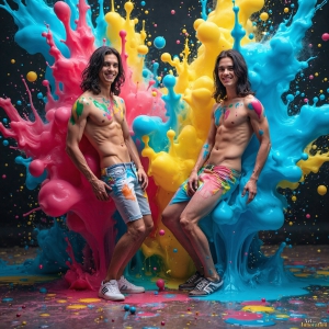 Paint Splat Fun - AI Photos of Hot men having fun with body paint. AI-generated abstract art featuring beautiful, handsome, sexy, shirtless, men, boys, lads, full of excitement joy and fun, covered in body paint, dynamic, interactive, Combining elements of realism with surreal abstract qualities, showcasing the potential of AI, in artistic expression. Photos of guys, just smiling, happy, and having a good time. Most of them are smiling because a paint bomb just blow up next to them, so I'm calling is Abstract Art. When paint attacks and makes people happy, it's Art!