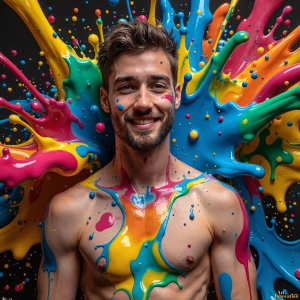 Paint Splat Fun - AI Photos of Hot men having fun with body paint. AI-generated abstract art featuring beautiful, handsome, sexy, shirtless, men, boys, lads, full of excitement joy and fun, covered in body paint, dynamic, interactive, Combining elements of realism with surreal abstract qualities, showcasing the potential of AI, in artistic expression. Photos of guys, just smiling, happy, and having a good time. Most of them are smiling because a paint bomb just blow up next to them, so I'm calling is Abstract Art. When paint attacks and makes people happy, it's Art!