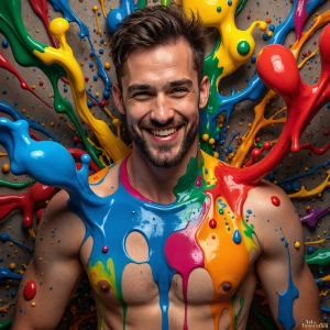 Paint Splat Fun - AI Photos of Hot men having fun with body paint. AI-generated abstract art featuring beautiful, handsome, sexy, shirtless, men, boys, lads, full of excitement joy and fun, covered in body paint, dynamic, interactive, Combining elements of realism with surreal abstract qualities, showcasing the potential of AI, in artistic expression. Photos of guys, just smiling, happy, and having a good time. Most of them are smiling because a paint bomb just blow up next to them, so I'm calling is Abstract Art. When paint attacks and makes people happy, it's Art!