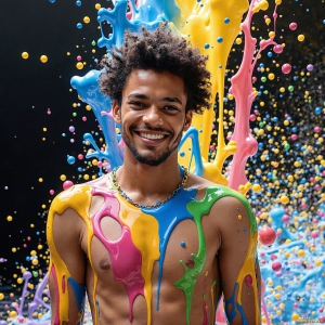 Paint Splat Fun - AI Photos of Hot men having fun with body paint. AI-generated abstract art featuring beautiful, handsome, sexy, shirtless, men, boys, lads, full of excitement joy and fun, covered in body paint, dynamic, interactive, Combining elements of realism with surreal abstract qualities, showcasing the potential of AI, in artistic expression. Photos of guys, just smiling, happy, and having a good time. Most of them are smiling because a paint bomb just blow up next to them, so I'm calling is Abstract Art. When paint attacks and makes people happy, it's Art!