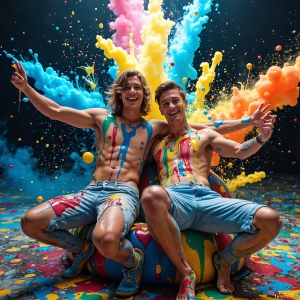 Paint Splat Fun - AI Photos of Hot men having fun with body paint. AI-generated abstract art featuring beautiful, handsome, sexy, shirtless, men, boys, lads, full of excitement joy and fun, covered in body paint, dynamic, interactive, Combining elements of realism with surreal abstract qualities, showcasing the potential of AI, in artistic expression. Photos of guys, just smiling, happy, and having a good time. Most of them are smiling because a paint bomb just blow up next to them, so I'm calling is Abstract Art. When paint attacks and makes people happy, it's Art!