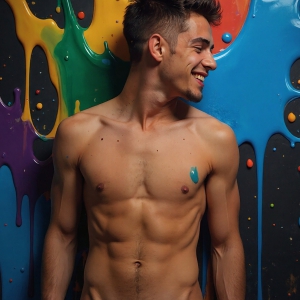 Paint Splat Fun - AI Photos of Hot men having fun with body paint. AI-generated abstract art featuring beautiful, handsome, sexy, shirtless, men, boys, lads, full of excitement joy and fun, covered in body paint, dynamic, interactive, Combining elements of realism with surreal abstract qualities, showcasing the potential of AI, in artistic expression. Photos of guys, just smiling, happy, and having a good time. Most of them are smiling because a paint bomb just blow up next to them, so I'm calling is Abstract Art. When paint attacks and makes people happy, it's Art!