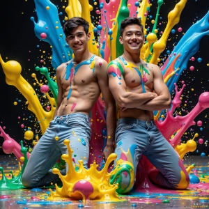 Paint Splat Fun - AI Photos of Hot men having fun with body paint. AI-generated abstract art featuring beautiful, handsome, sexy, shirtless, men, boys, lads, full of excitement joy and fun, covered in body paint, dynamic, interactive, Combining elements of realism with surreal abstract qualities, showcasing the potential of AI, in artistic expression. Photos of guys, just smiling, happy, and having a good time. Most of them are smiling because a paint bomb just blow up next to them, so I'm calling is Abstract Art. When paint attacks and makes people happy, it's Art!