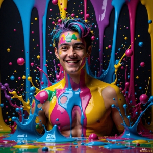 Paint Splat Fun - AI Photos of Hot men having fun with body paint. AI-generated abstract art featuring beautiful, handsome, sexy, shirtless, men, boys, lads, full of excitement joy and fun, covered in body paint, dynamic, interactive, Combining elements of realism with surreal abstract qualities, showcasing the potential of AI, in artistic expression. Photos of guys, just smiling, happy, and having a good time. Most of them are smiling because a paint bomb just blow up next to them, so I'm calling is Abstract Art. When paint attacks and makes people happy, it's Art!