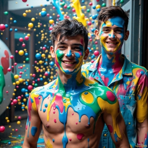 Paint Splat Fun - AI Photos of Hot men having fun with body paint. AI-generated abstract art featuring beautiful, handsome, sexy, shirtless, men, boys, lads, full of excitement joy and fun, covered in body paint, dynamic, interactive, Combining elements of realism with surreal abstract qualities, showcasing the potential of AI, in artistic expression. Photos of guys, just smiling, happy, and having a good time. Most of them are smiling because a paint bomb just blow up next to them, so I'm calling is Abstract Art. When paint attacks and makes people happy, it's Art!