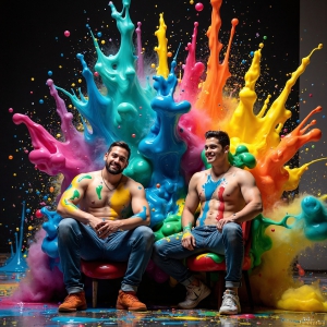 Paint Splat Fun - AI Photos of Hot men having fun with body paint. AI-generated abstract art featuring beautiful, handsome, sexy, shirtless, men, boys, lads, full of excitement joy and fun, covered in body paint, dynamic, interactive, Combining elements of realism with surreal abstract qualities, showcasing the potential of AI, in artistic expression. Photos of guys, just smiling, happy, and having a good time. Most of them are smiling because a paint bomb just blow up next to them, so I'm calling is Abstract Art. When paint attacks and makes people happy, it's Art!