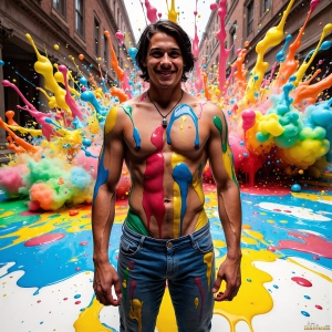 Paint Splat Fun - AI Photos of Hot men having fun with body paint. AI-generated abstract art featuring beautiful, handsome, sexy, shirtless, men, boys, lads, full of excitement joy and fun, covered in body paint, dynamic, interactive, Combining elements of realism with surreal abstract qualities, showcasing the potential of AI, in artistic expression. Photos of guys, just smiling, happy, and having a good time. Most of them are smiling because a paint bomb just blow up next to them, so I'm calling is Abstract Art. When paint attacks and makes people happy, it's Art!
