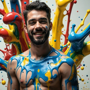 Paint Splat Fun - AI Photos of Hot men having fun with body paint. AI-generated abstract art featuring beautiful, handsome, sexy, shirtless, men, boys, lads, full of excitement joy and fun, covered in body paint, dynamic, interactive, Combining elements of realism with surreal abstract qualities, showcasing the potential of AI, in artistic expression. Photos of guys, just smiling, happy, and having a good time. Most of them are smiling because a paint bomb just blow up next to them, so I'm calling is Abstract Art. When paint attacks and makes people happy, it's Art!