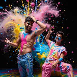 Paint Splat Fun - AI Photos of Hot men having fun with body paint. AI-generated abstract art featuring beautiful, handsome, sexy, shirtless, men, boys, lads, full of excitement joy and fun, covered in body paint, dynamic, interactive, Combining elements of realism with surreal abstract qualities, showcasing the potential of AI, in artistic expression. Photos of guys, just smiling, happy, and having a good time. Most of them are smiling because a paint bomb just blow up next to them, so I'm calling is Abstract Art. When paint attacks and makes people happy, it's Art!
